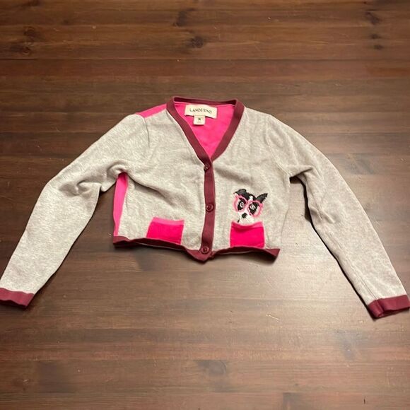 Lands’ End Girls Cropped Gray Pink Cardigan Sweater Dog Glasses Size Medium 5-6 - Picture 1 of 5
